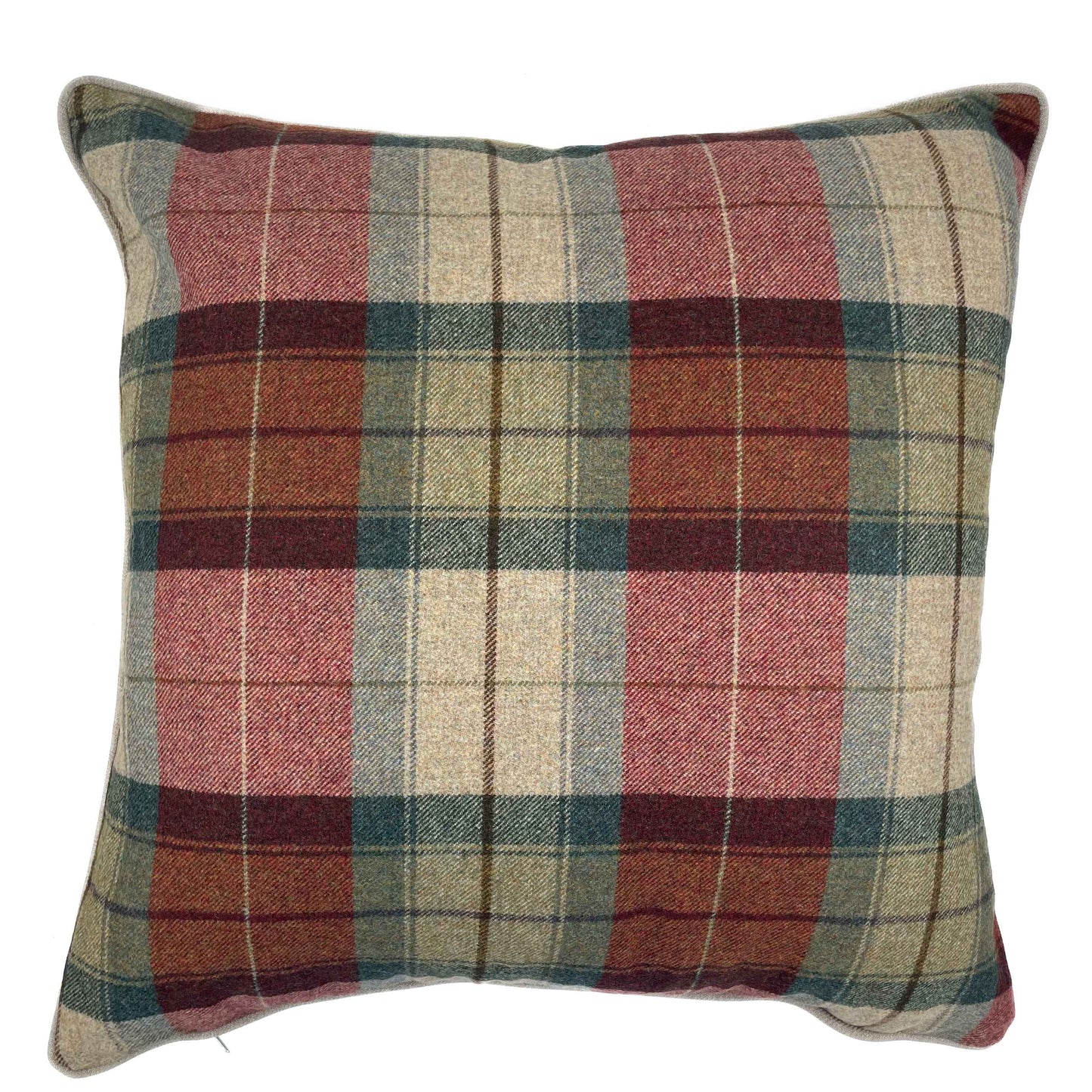 Rich red, sage and neutral tartan wool scatter cushion with stone colour backing 60cm x 60cm