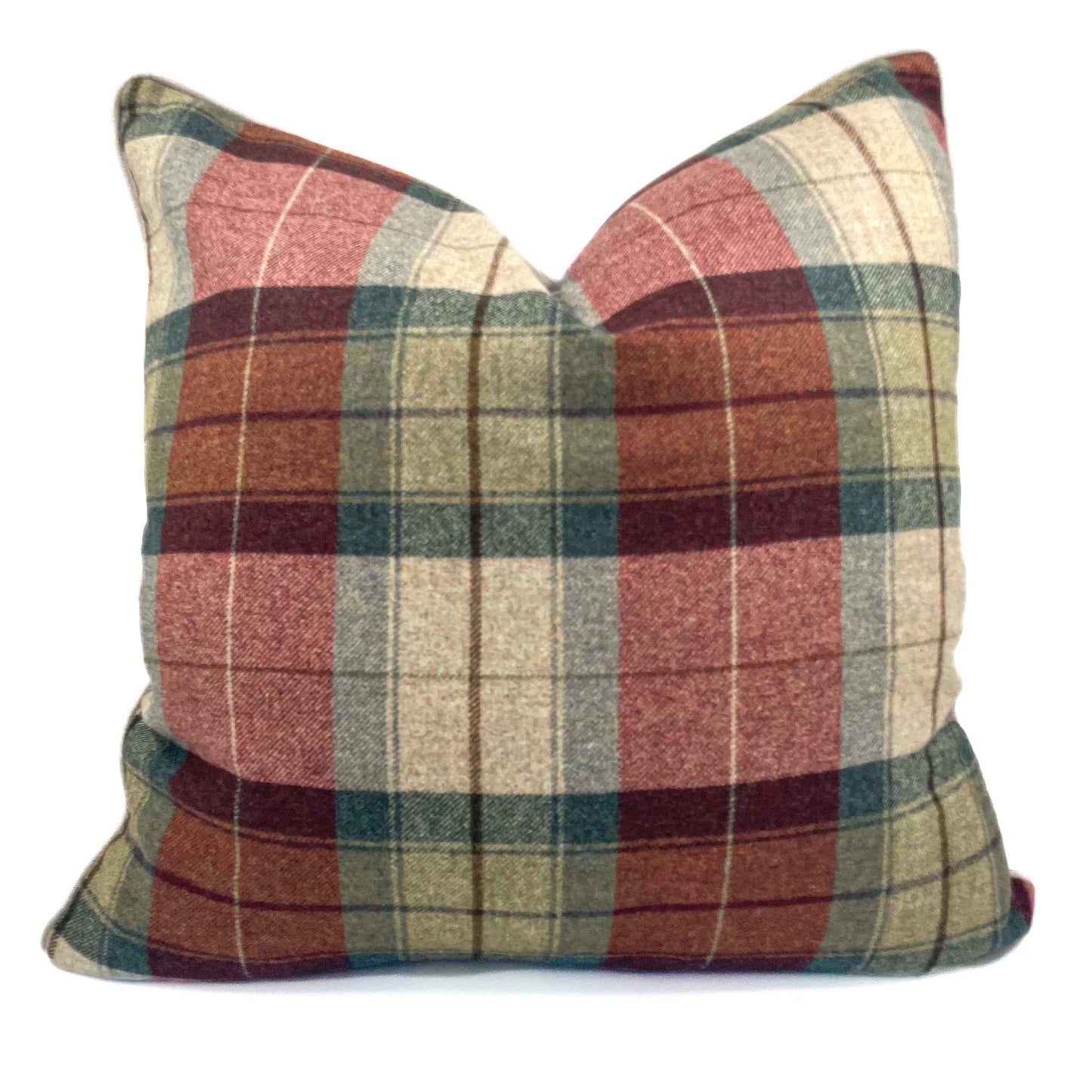 Rich red, sage and neutral tartan wool scatter cushion with stone colour backing 60cm x 60cm