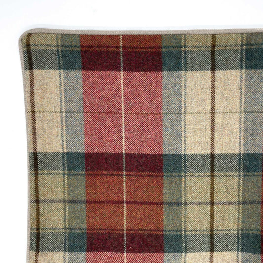 Close-up of a plaid fabric with red, blue, and beige colors on a white background