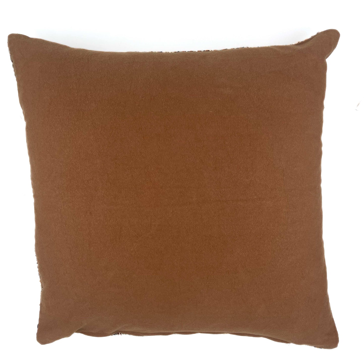 Multi-coloured textured scatter cushion in neutral colors. with a rust colour linen back 60cm x 60cm