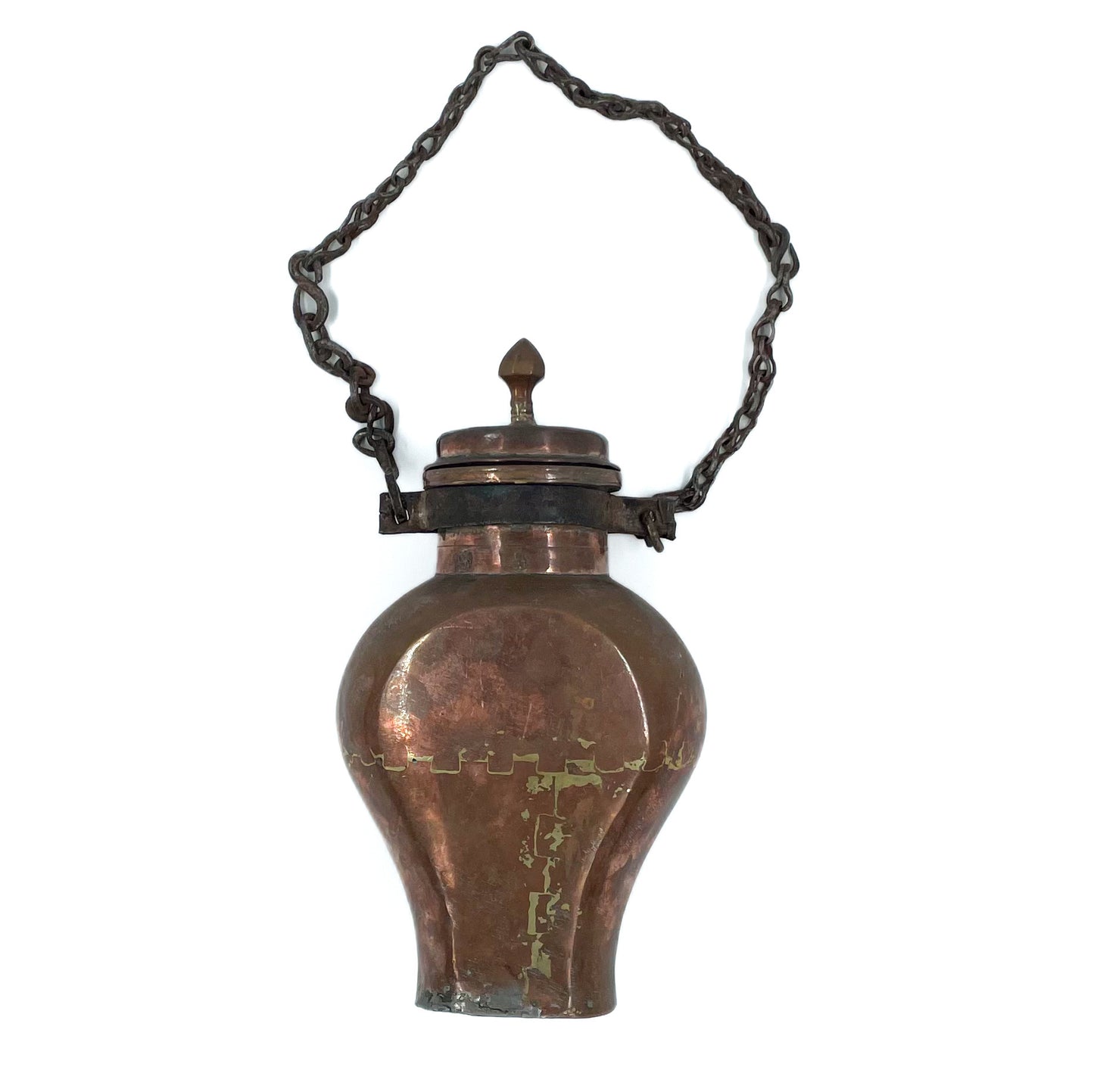 Back view of an antique copper water canteen dating back to the early 19th century.