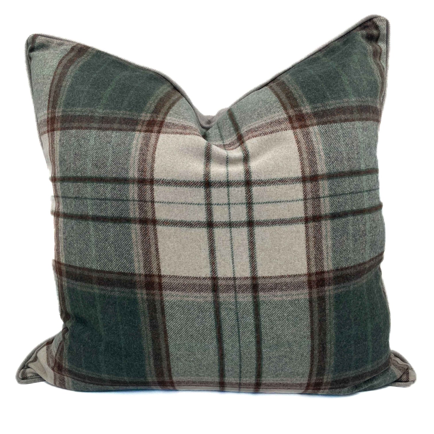 Rich green and neutral tartan wool scatter cushion with stone colour back 60cm x 60cm