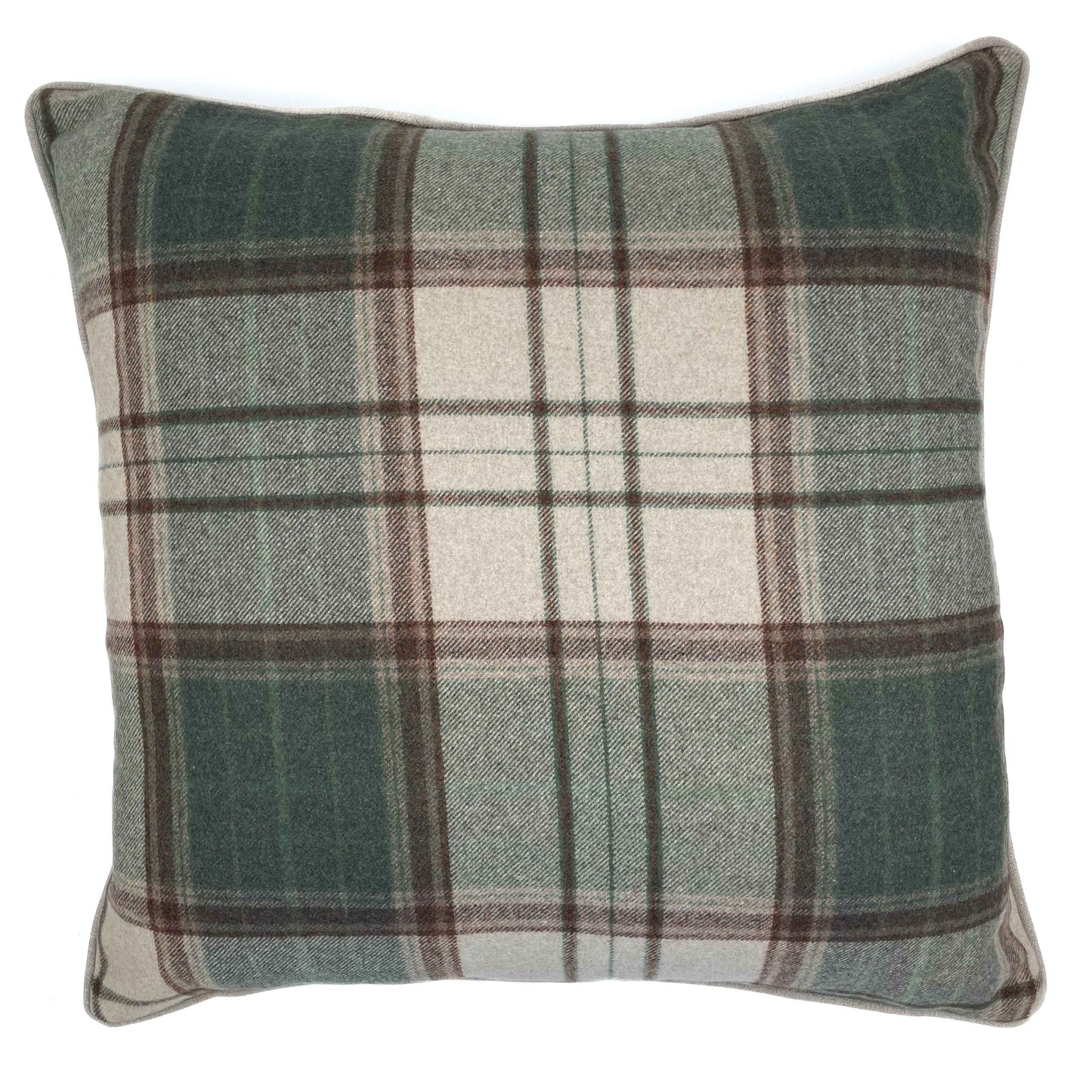 Rich green and neutral tartan wool scatter cushion with stone colour back 60cm x 60cm