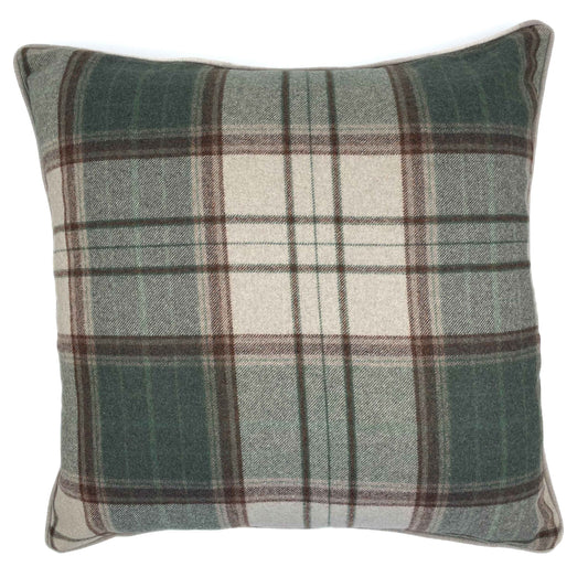 Rich green and neutral tartan wool scatter cushion with stone colour back 60cm x 60cm