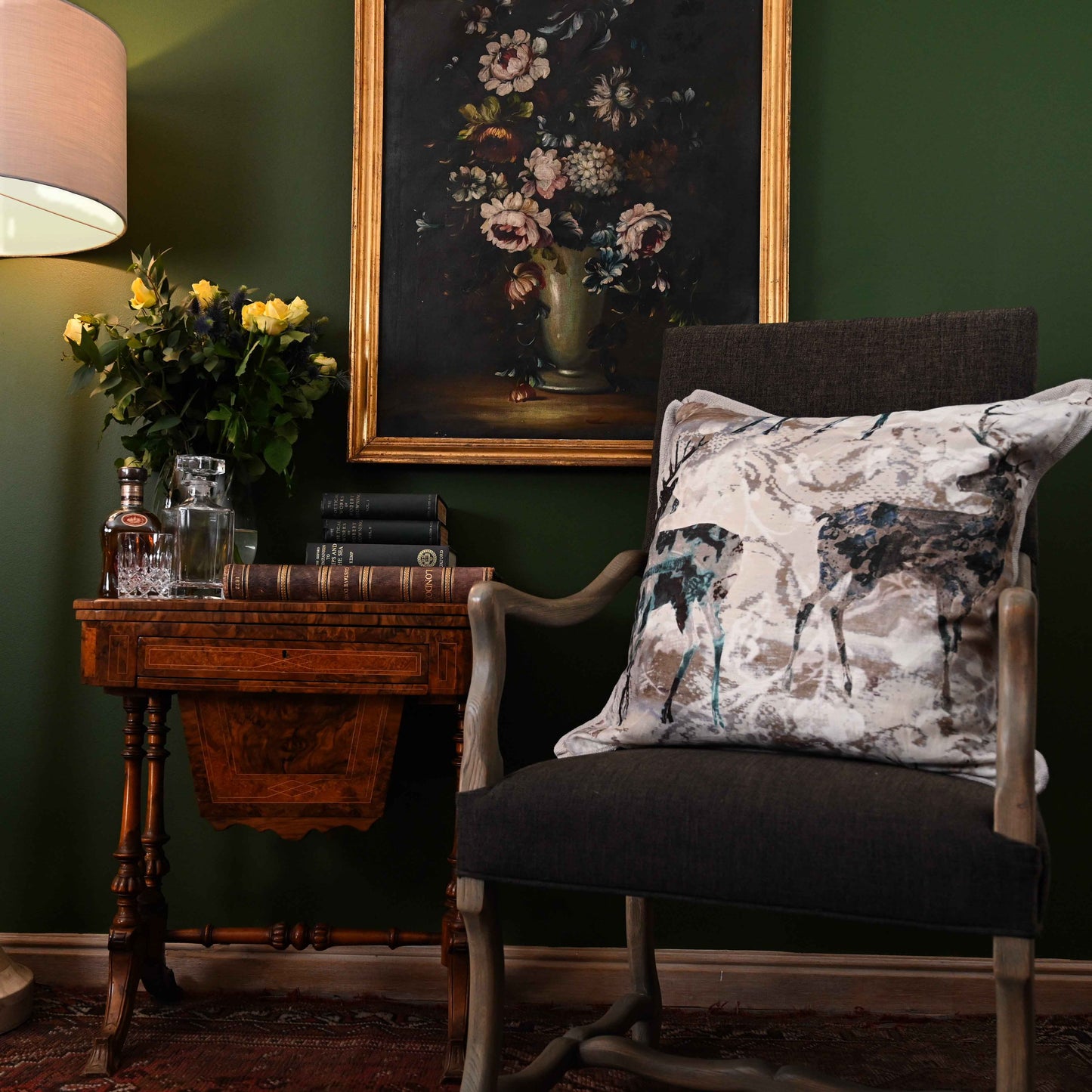 Style the modern Balmoral scatter cushions with leather sofa, rich wood and antique collectibles