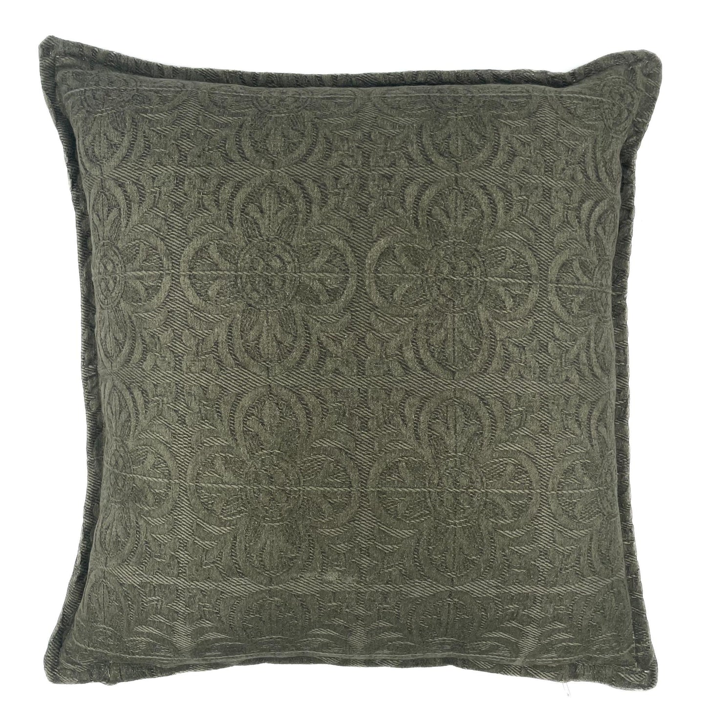 Floral motif jacquard fabric scatter cushion in olive colour with self fabric piping 60cm x 60cm