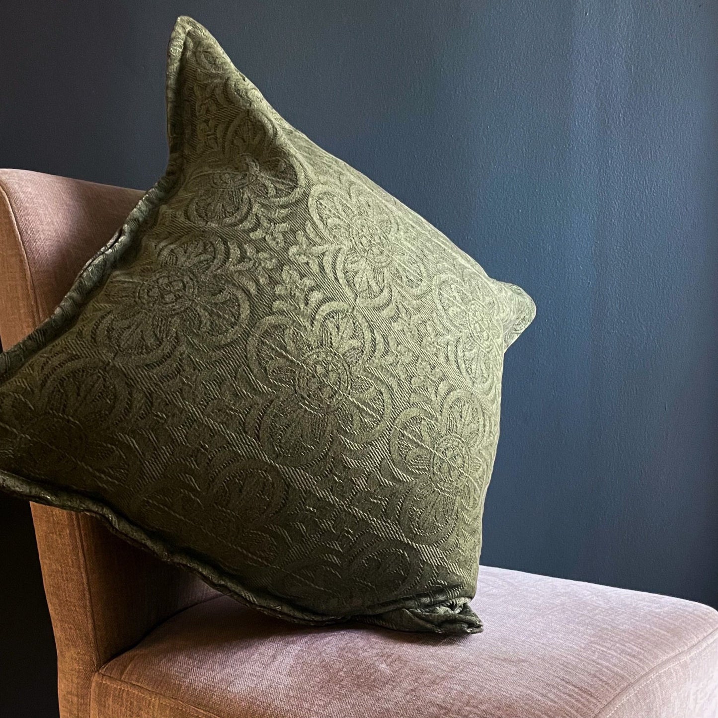 Floral motif jacquard fabric scatter cushion in olive colour with self fabric piping 60cm x 60cm