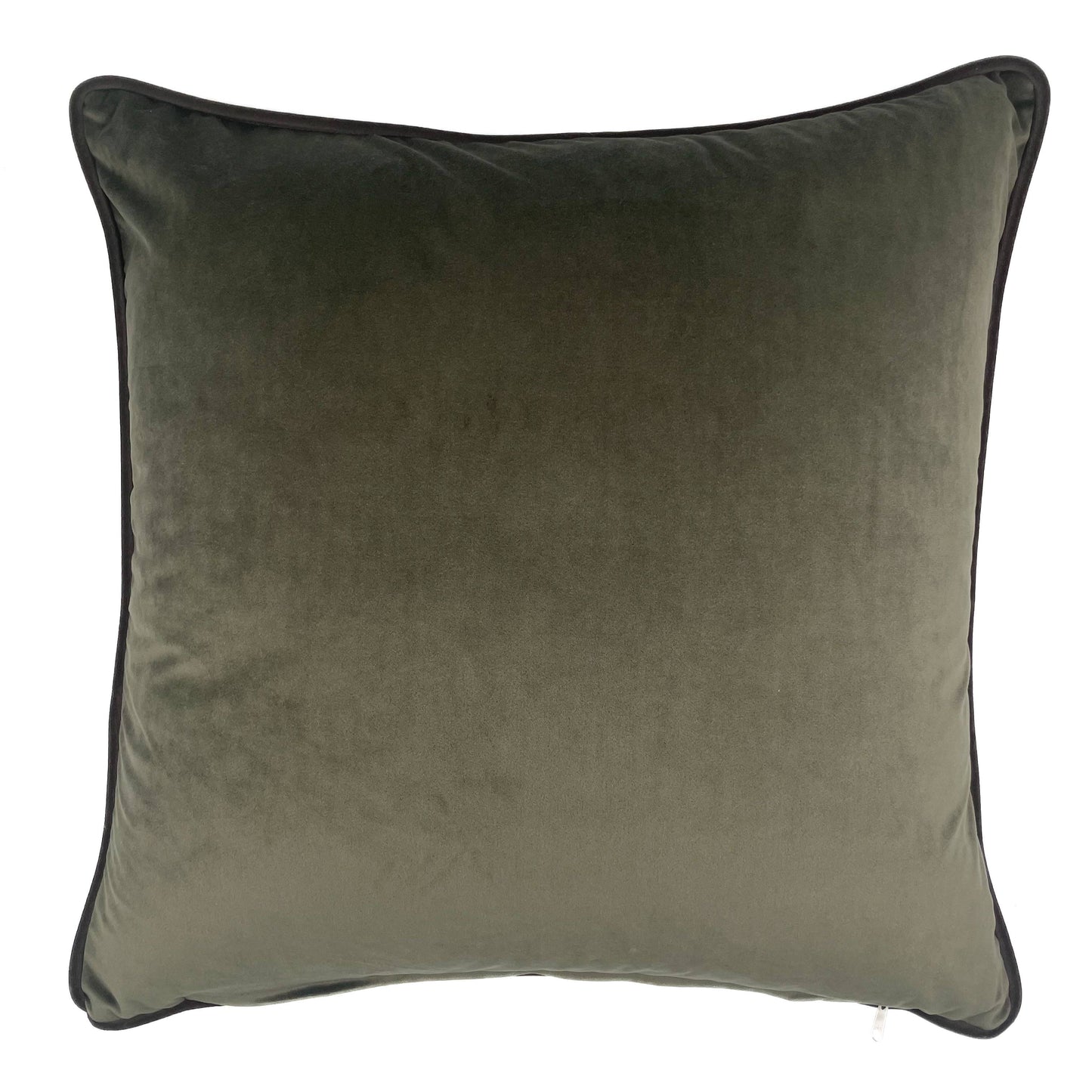 Floral painterly style velvet cushion in greens, reds, pinks and neutrals with olive colour velvet backing. Trimmed with piping 60cm x 60cm