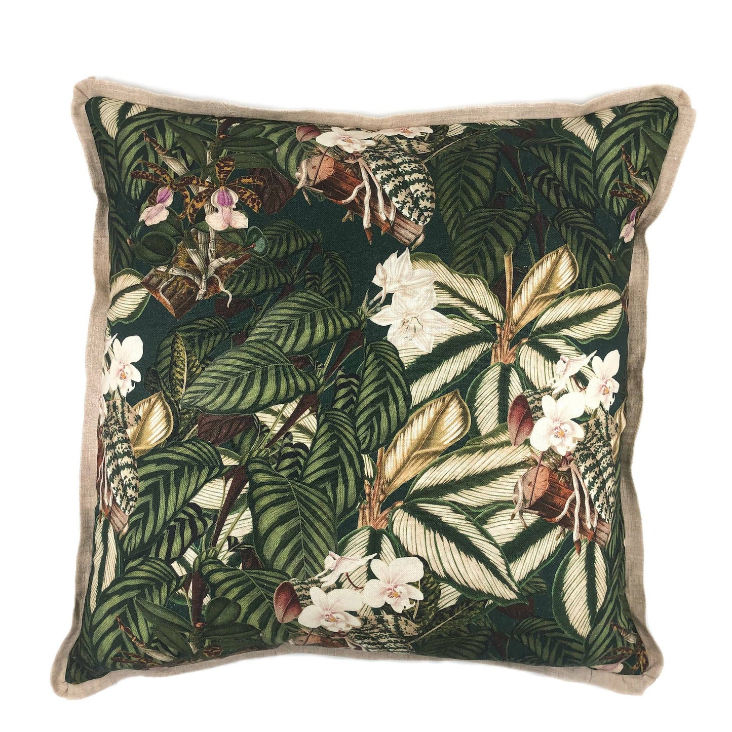 Green foliage printed linen scatter cushion 60cm x 60cm