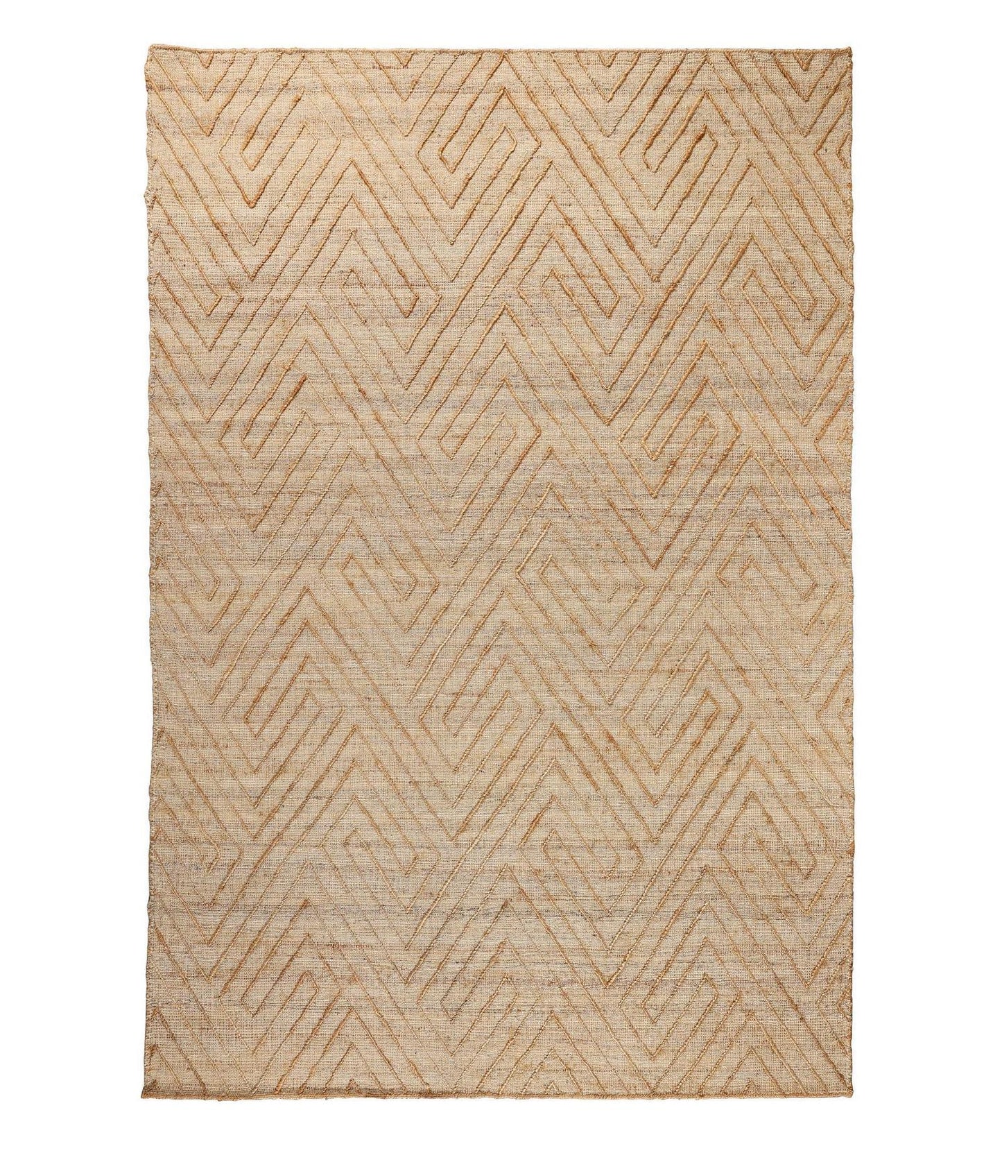 Beige woven rug with geometric pattern on a white background