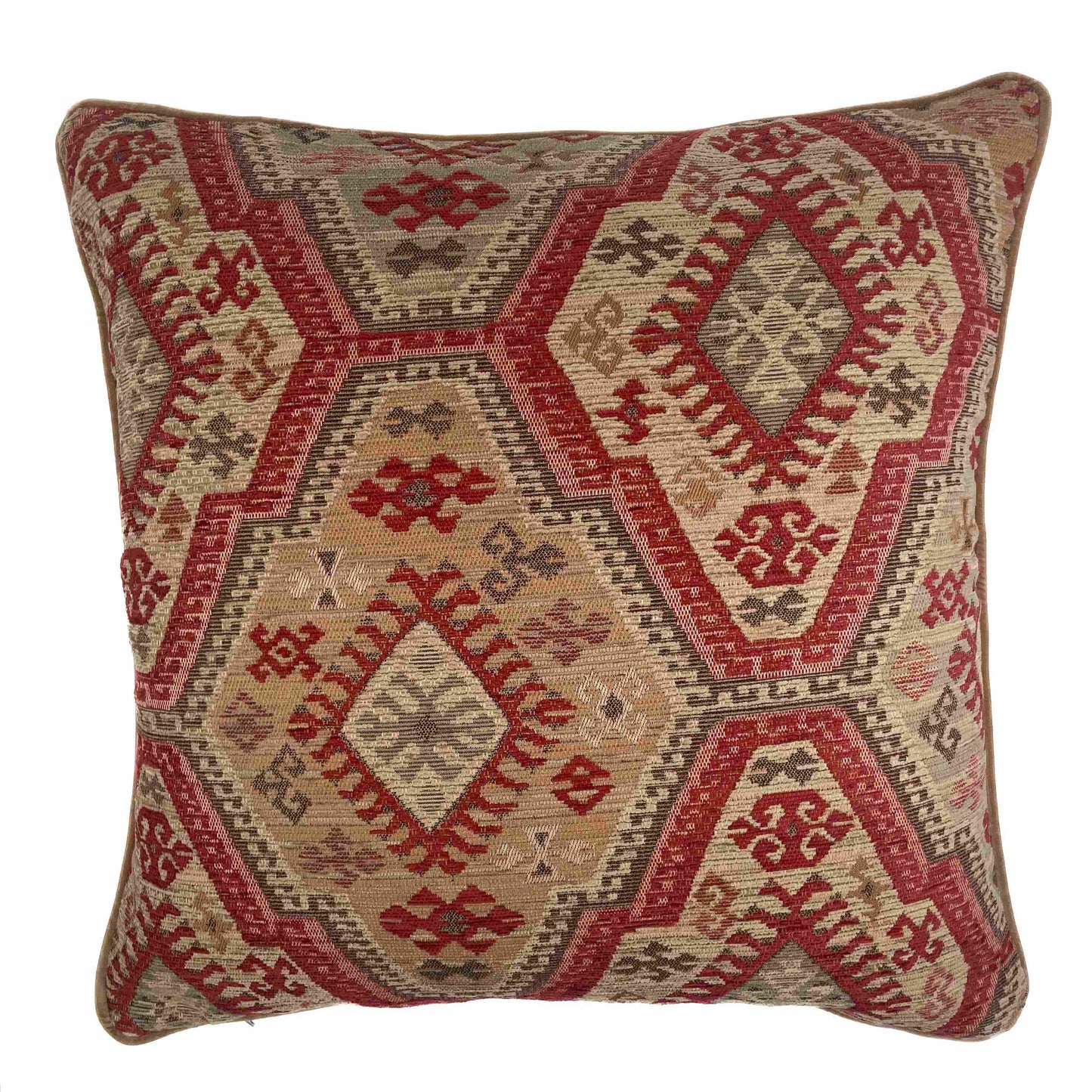 Kelim inspired multi-coloured texted scatter cushion with camel colour cotton velvet backing and piping 60cm x 60cm