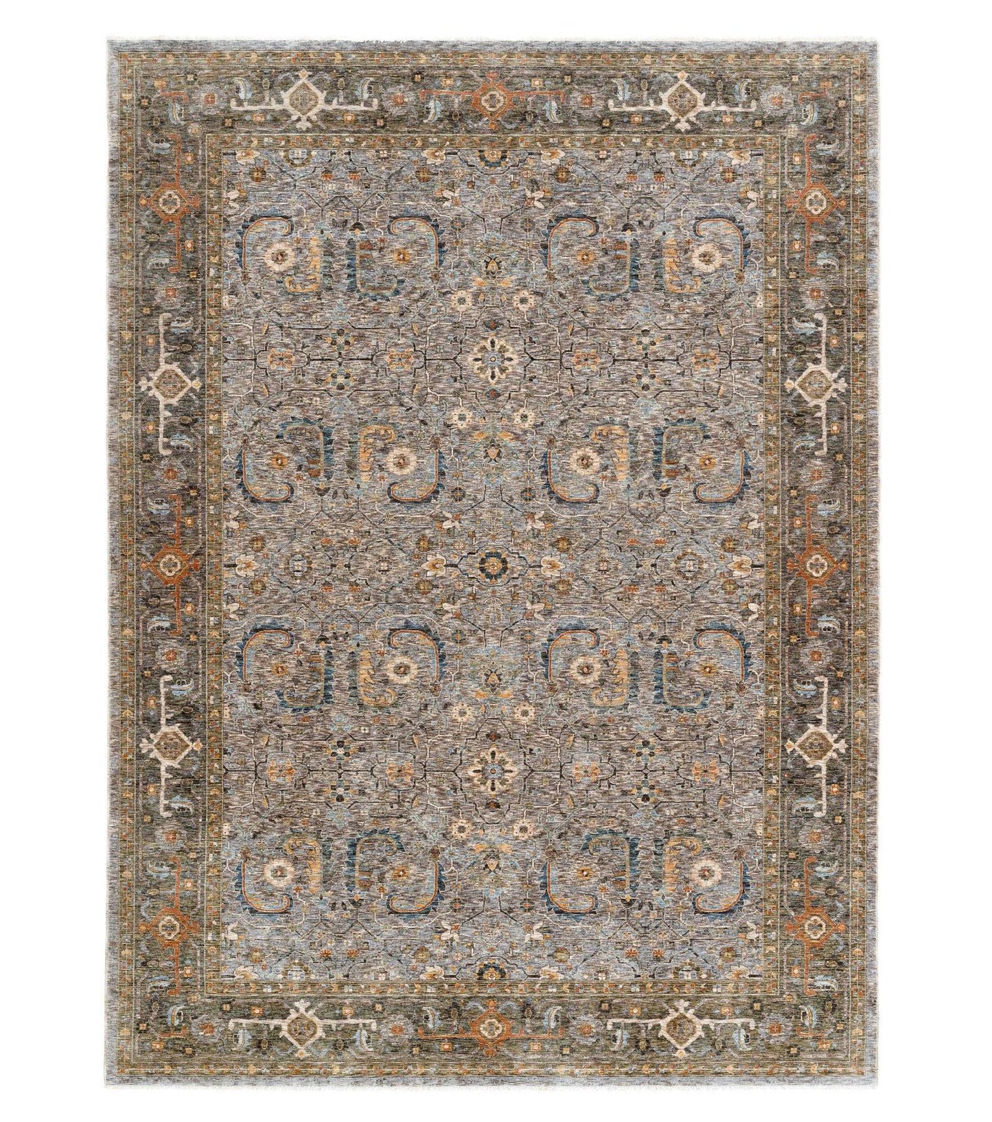 Decorative rug with intricate patterns on a plain background