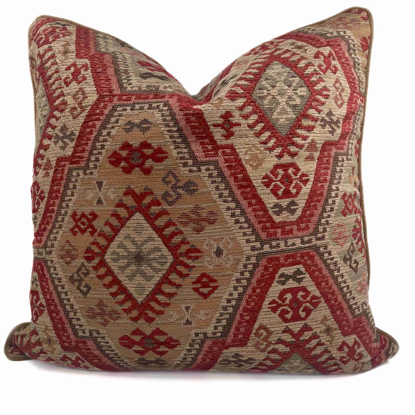 Kelim inspired multi-coloured texted scatter cushion with camel colour cotton velvet backing and piping 60cm x 60cm