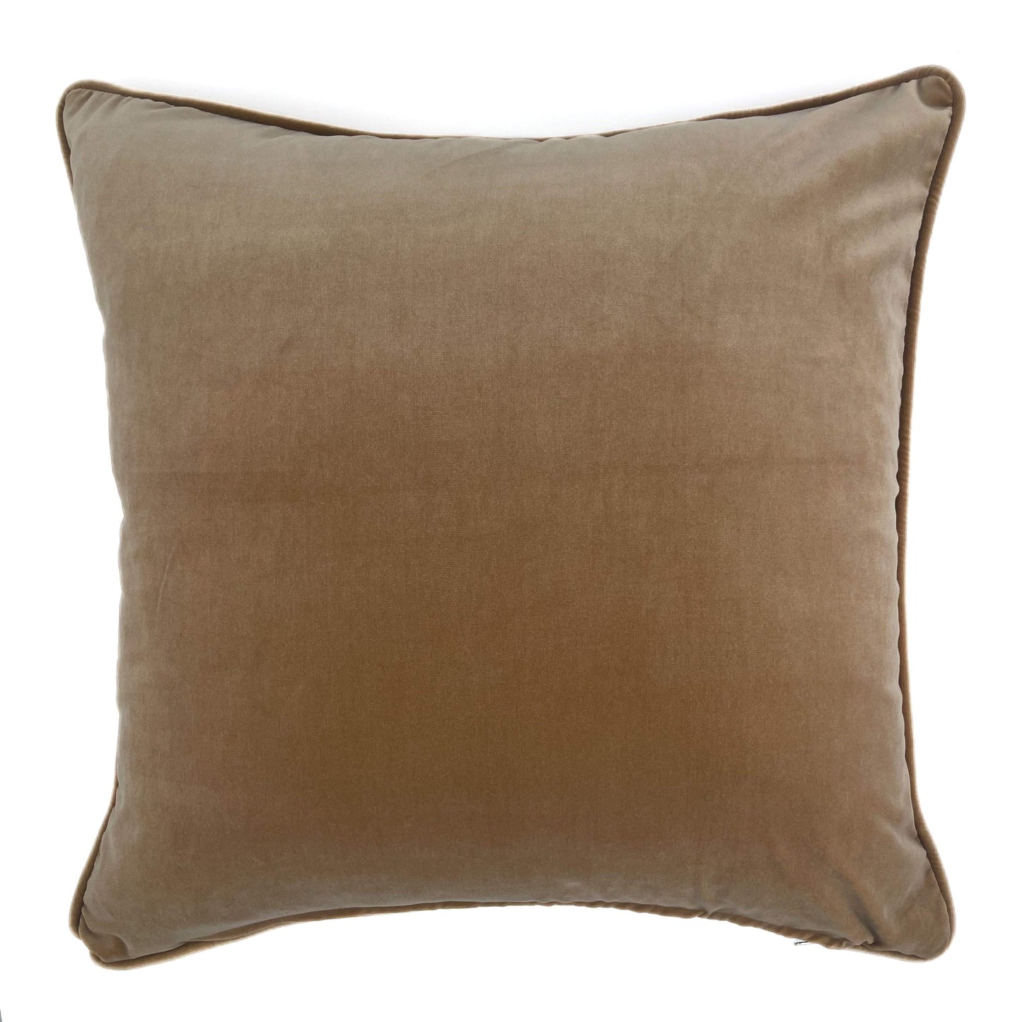 Kelim inspired multi-coloured texted scatter cushion with camel colour cotton velvet backing and piping 60cm x 60cm