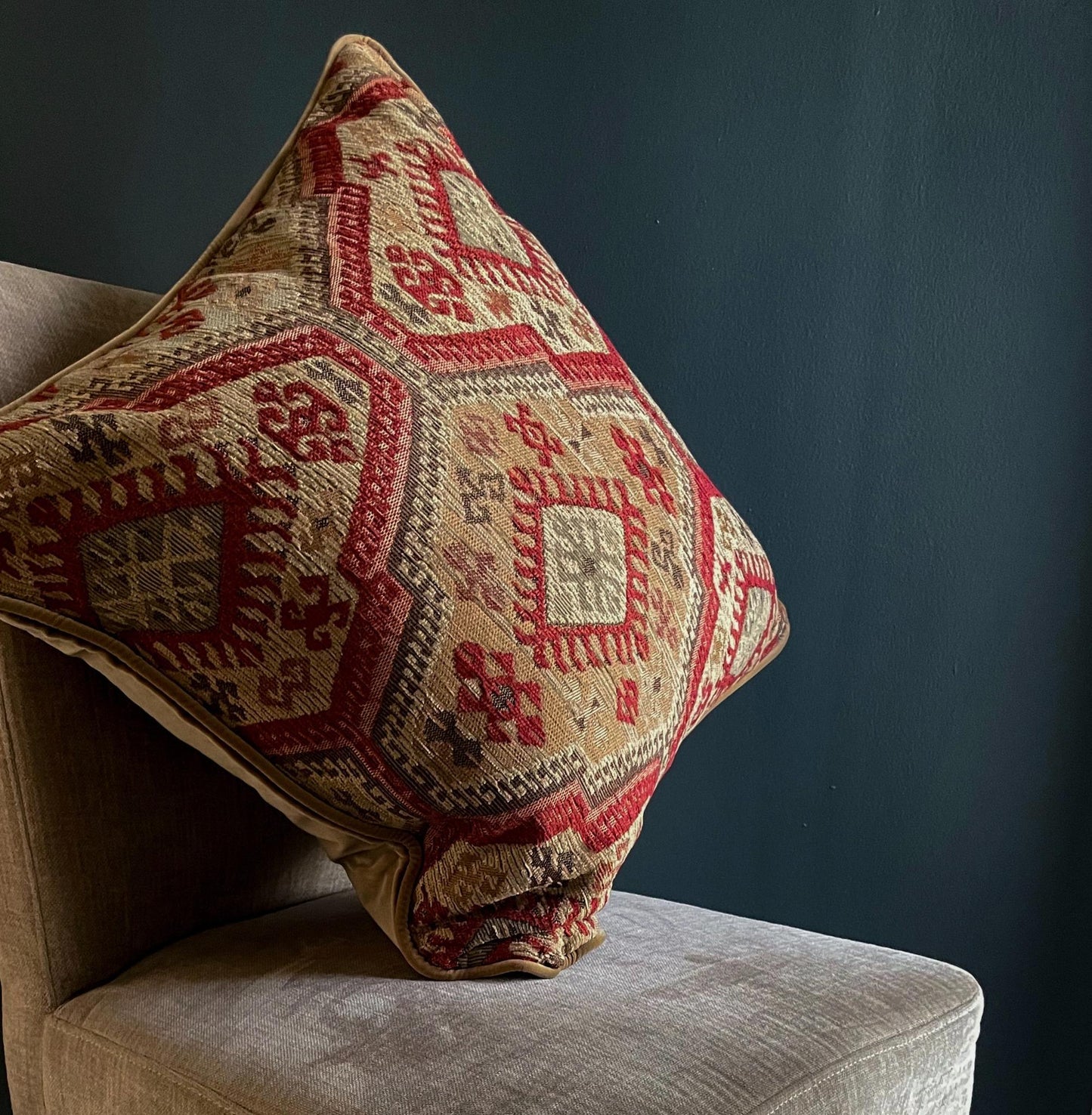 Kelim inspired multi-coloured texted scatter cushion with camel colour cotton velvet backing and piping 60cm x 60cm