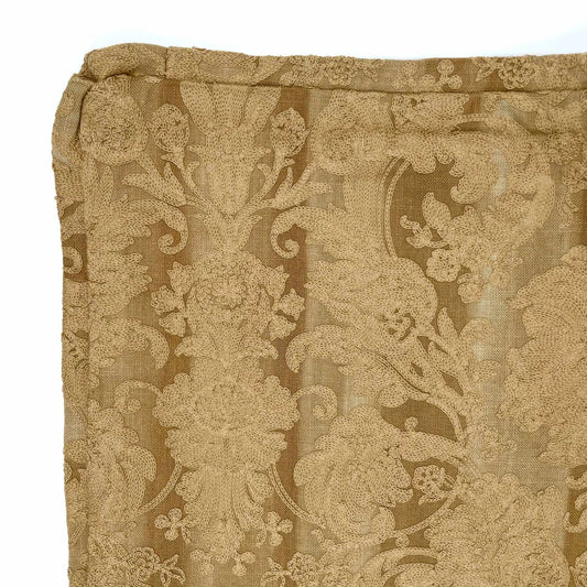 Close-up of a patterned fabric with intricate designs on a white background