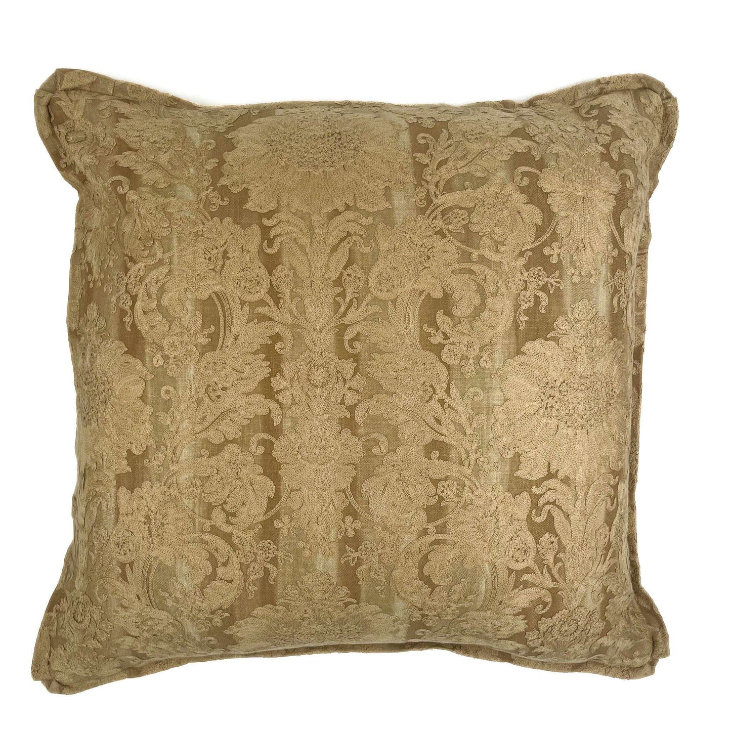 Decorative pillow with intricate gold pattern on a white background