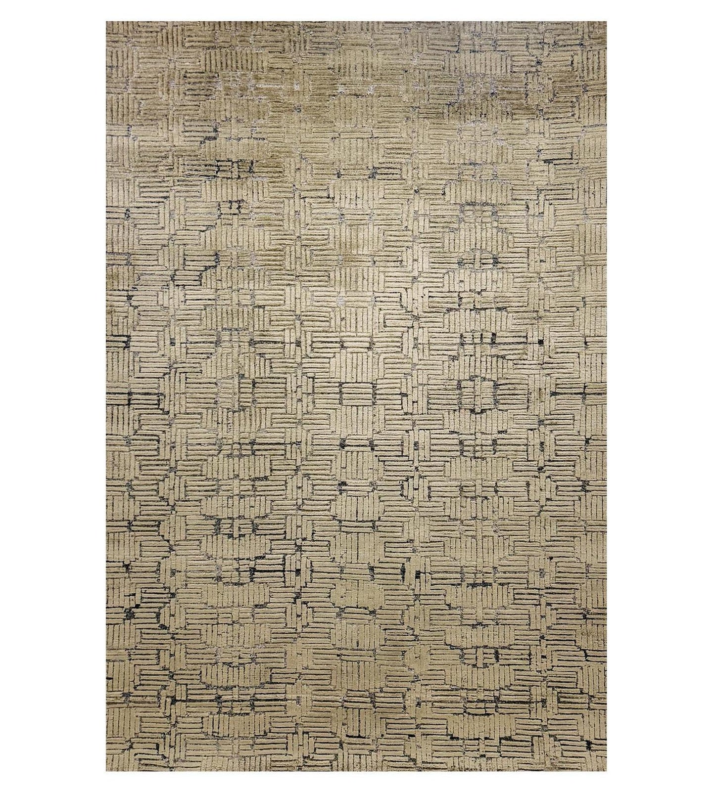 Textured area rug with geometric pattern on a white background