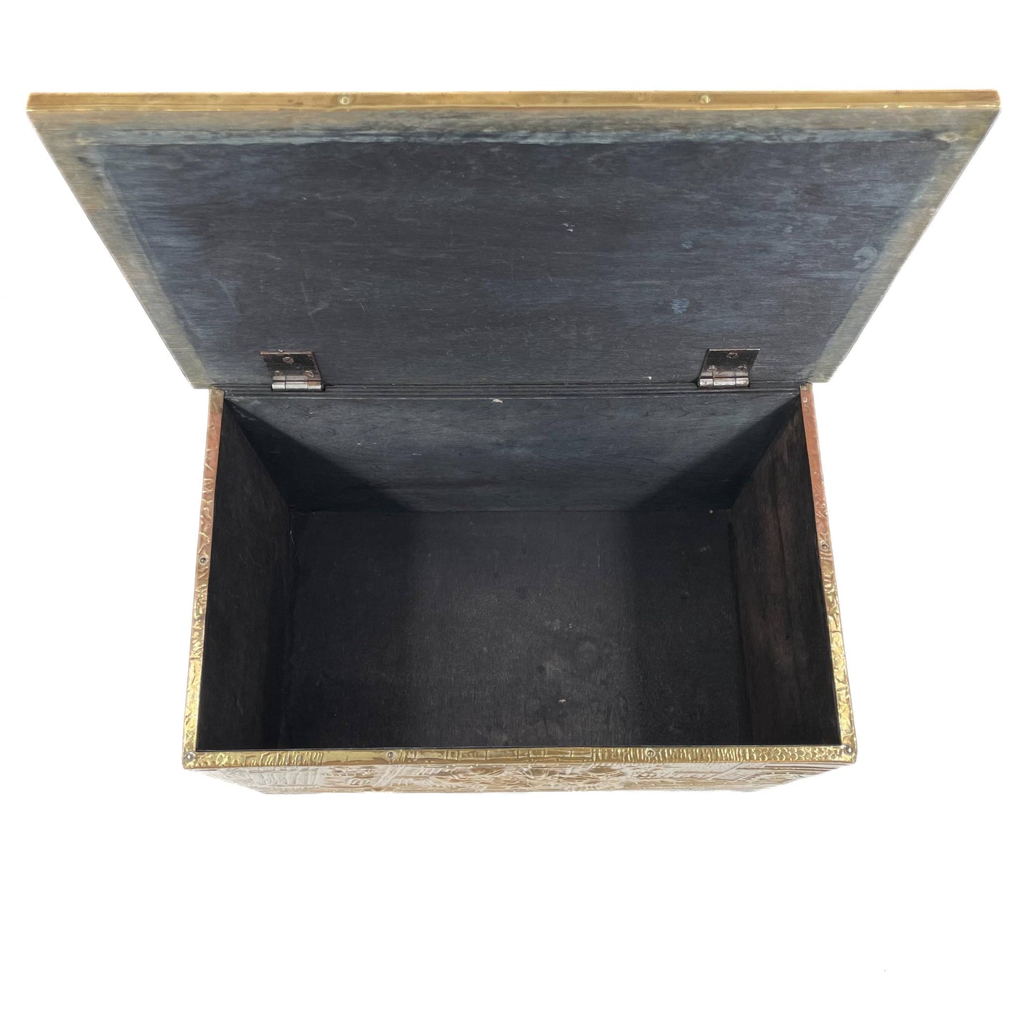 Inside embossed brass box from the late 19th century, crafted using repoussé techniques, depict a scenes of historical domestic life.