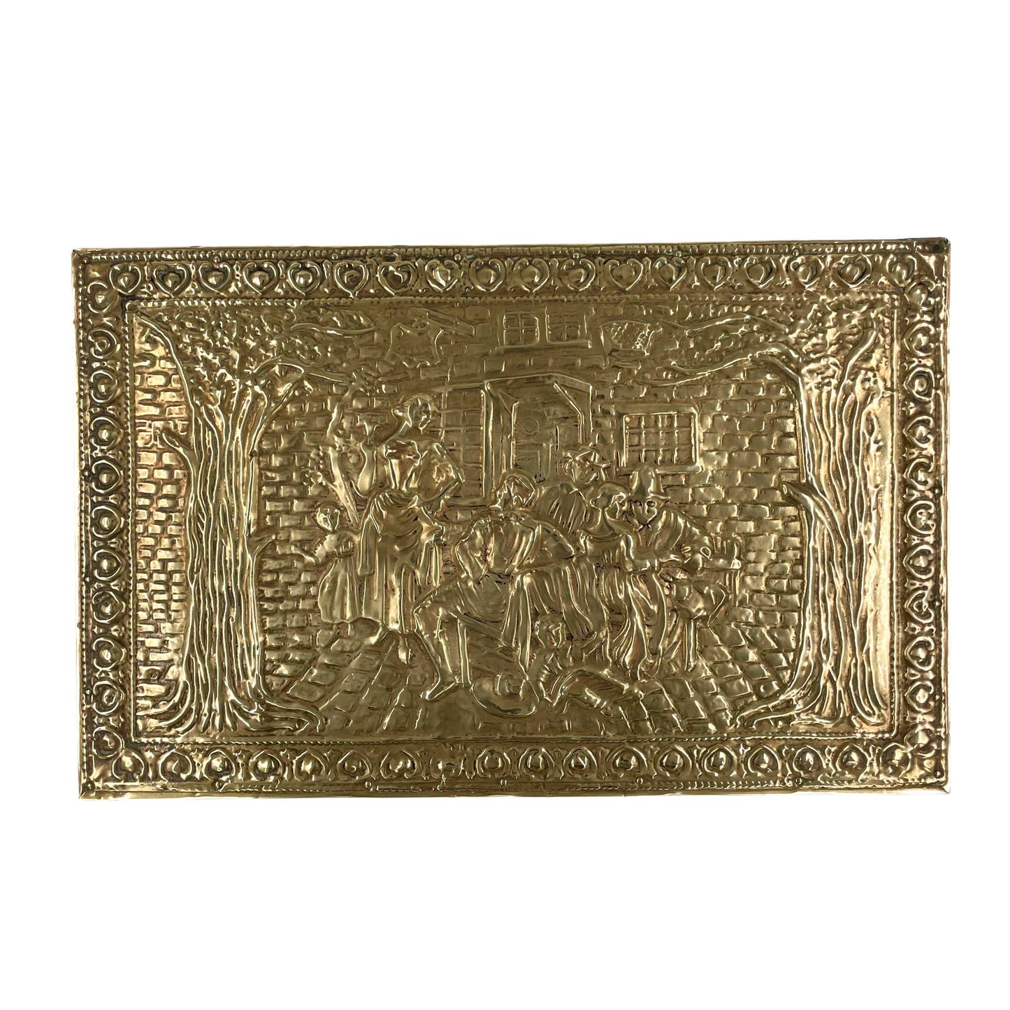 Top view of an embossed brass box from the late 19th century, crafted using repoussé techniques, depict a scenes of historical domestic life.