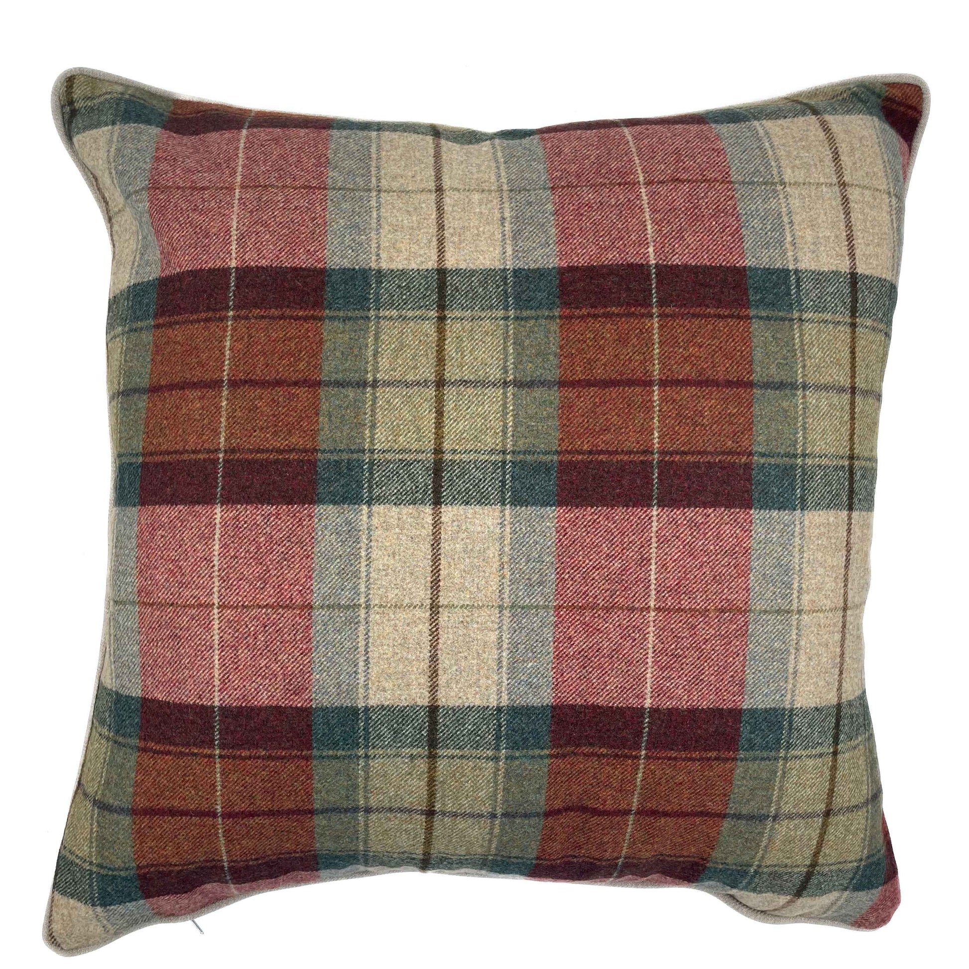 Rich red, sage and neutral tartan wool scatter cushion with stone colour backing 60cm x 60cm 