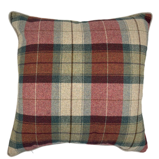 Rich red, sage and neutral tartan wool scatter cushion with stone colour backing 60cm x 60cm 