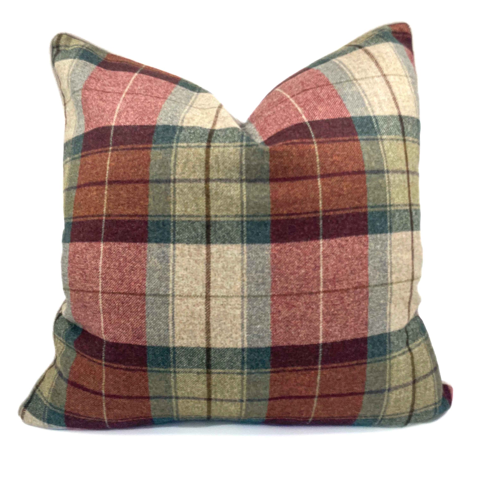 Rich red, sage and neutral tartan wool scatter cushion with stone colour backing 60cm x 60cm 