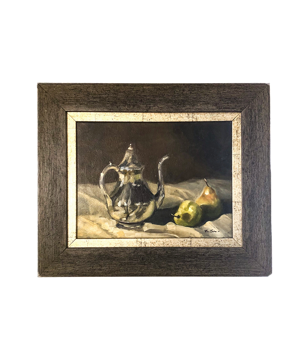 Framed still life painting with a teapot and pears on a white background
