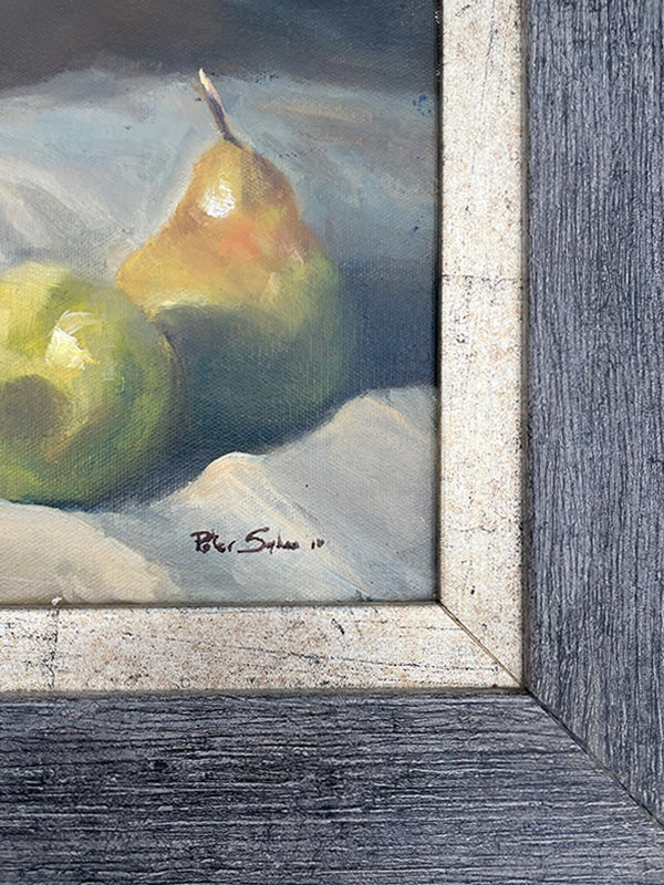 Painting of two pears on a textured surface with a wooden frame.