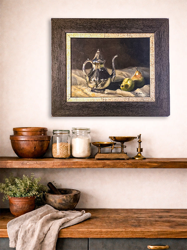 Framed still life painting above a wooden shelf with kitchen items.