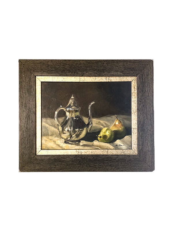 Framed still life painting with a silver teapot and pears on a white surface.