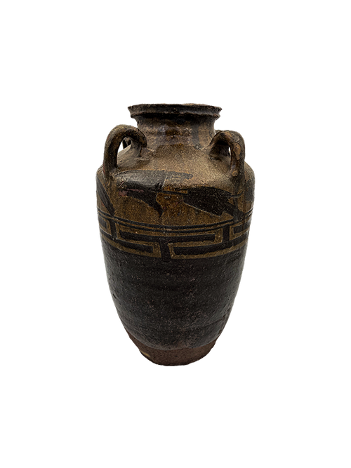Antique Chinese stoneware jar with decorative patterns on a white background