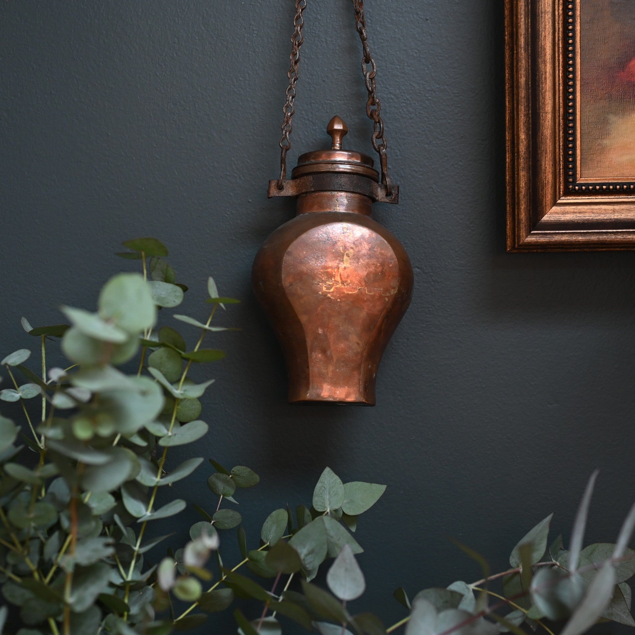 An antique copper water canteen dating back to the early 19th century styled together with modern furnishings in the kitchen or living areas