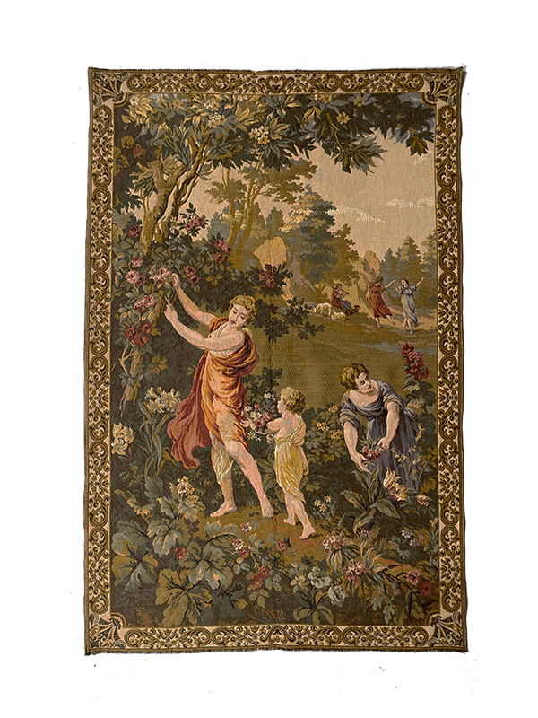 Decorative tapestry with classical scene of people in a garden