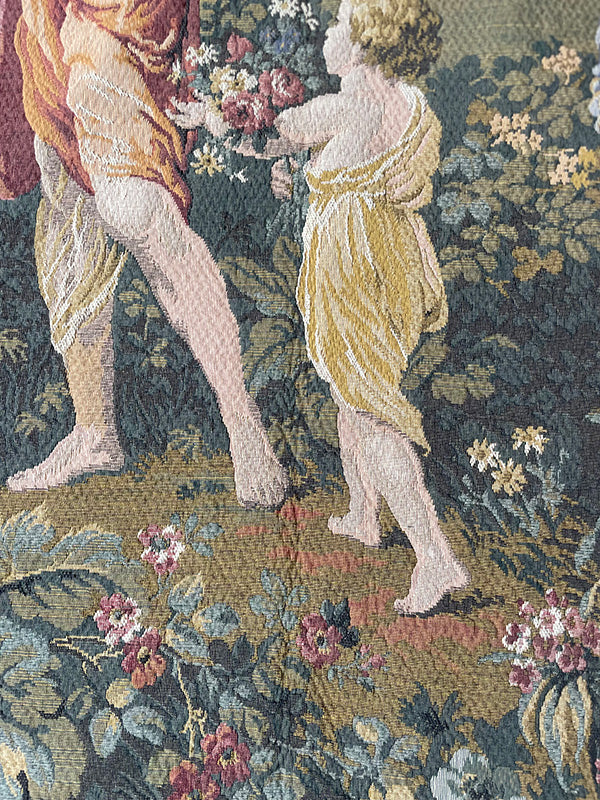 Tapestry with classical scene of two figures in a garden setting