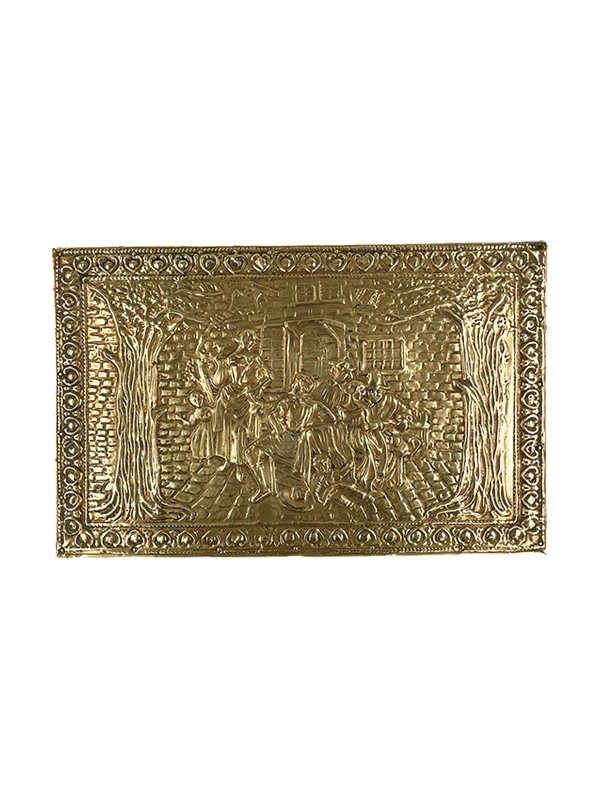 Antique brass decorative storage box with intricate design on a white background