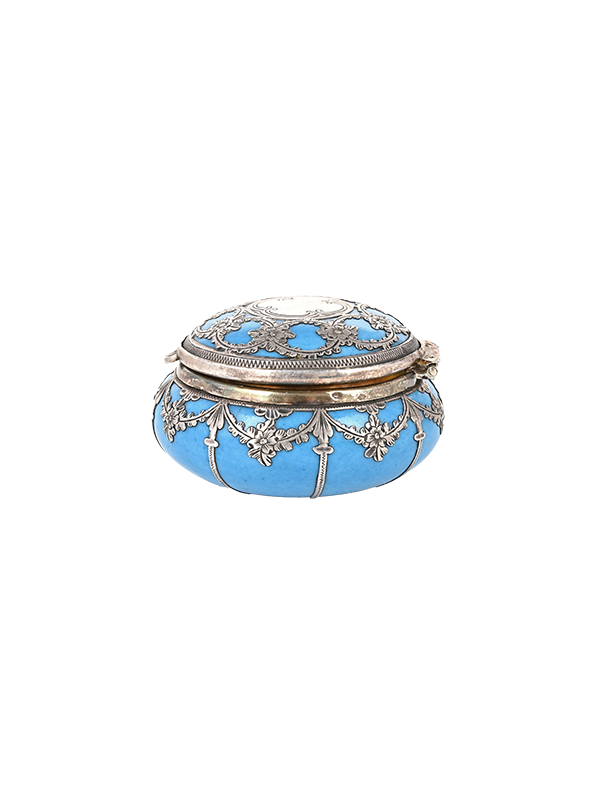 Decorative antique silver blue trinket box with silver embellishments on a white background