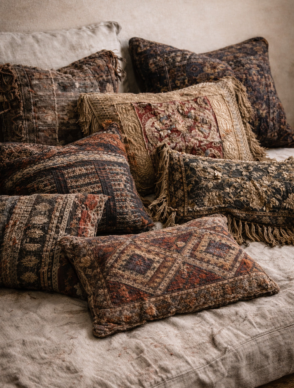 Patterned antique pillows on a textured surface