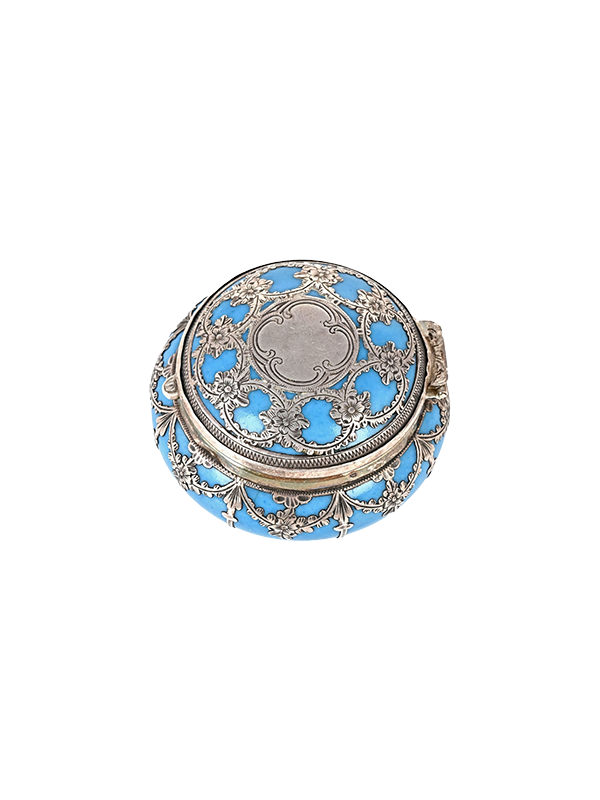 Decorative antique trinket box with blue enamel and silver detailing on a white background