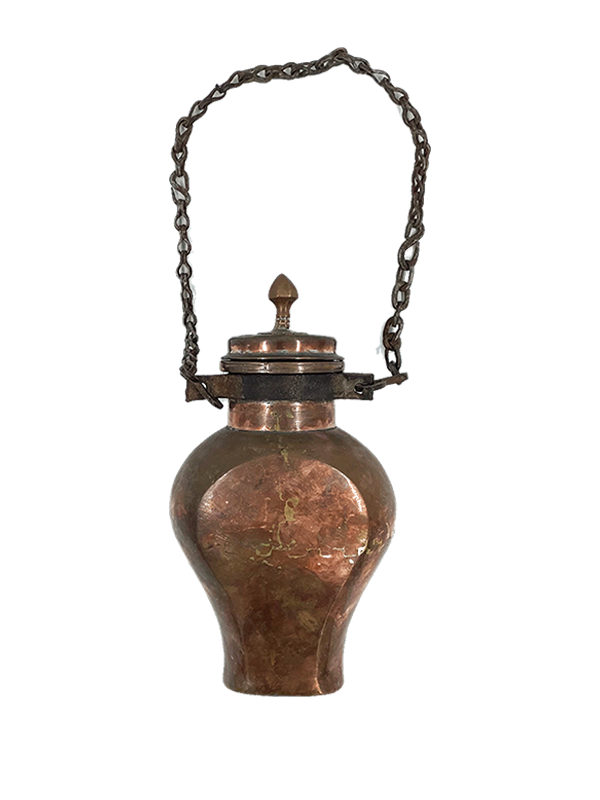 Antique copper water canteen with chain on a white background