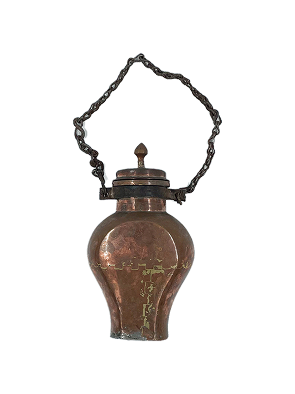 Antique copper water canteen with chain on a white background