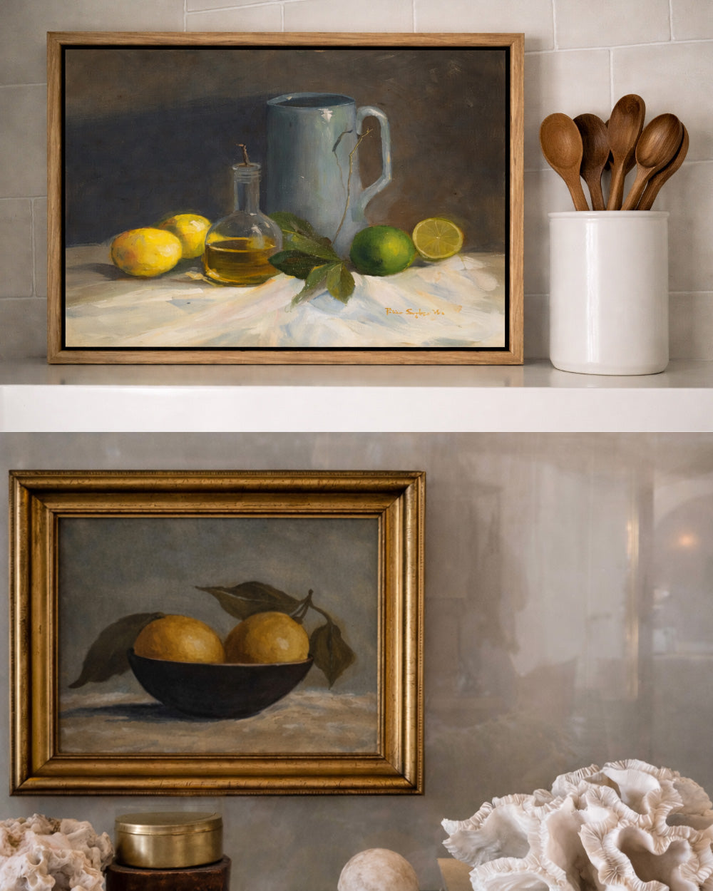 Framed still life painting on a kitchen shelf Antique framed still life 