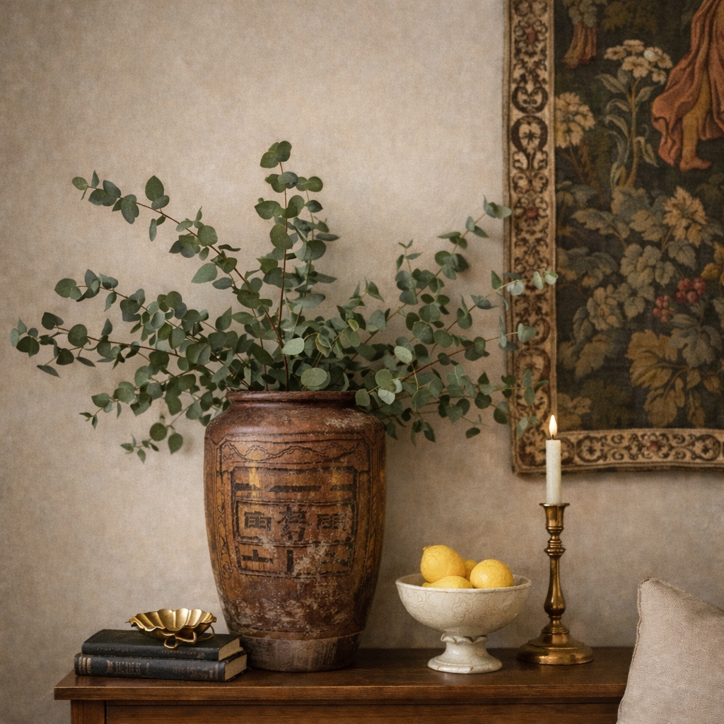 Decorative setting with a vase, candle, and fruit on a table against a wall with a tapestry.