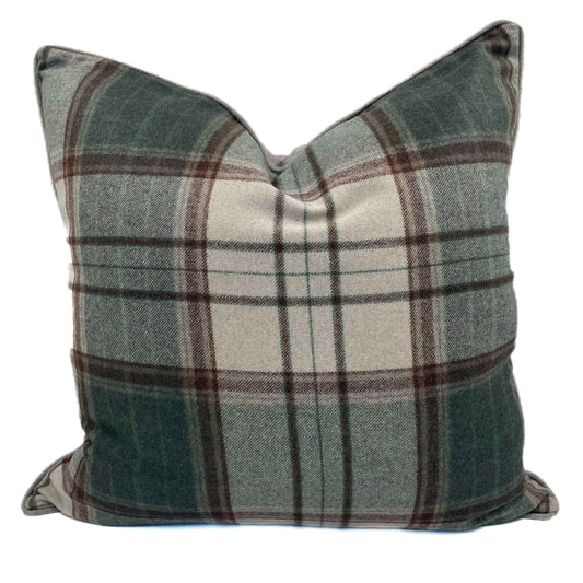 Rich green and neutral tartan wool scatter cushion with stone colour back 60cm x 60cm