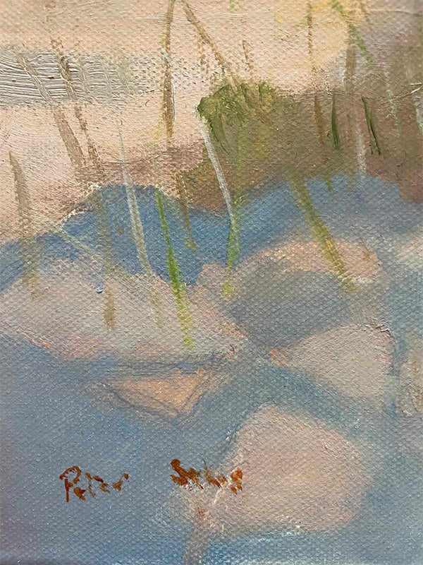 Beach Dog oil painting with soft colors and textures
