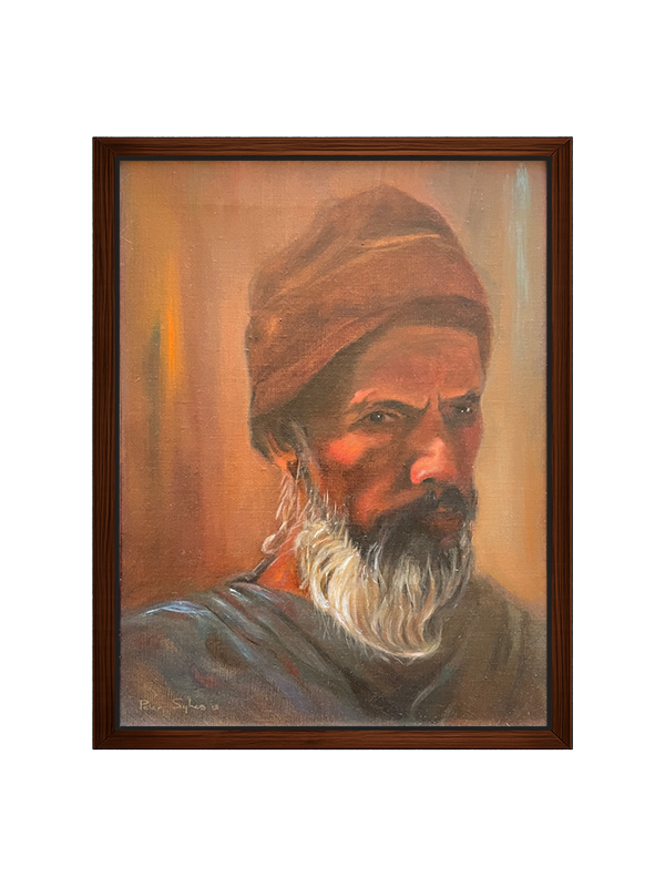 Framed oil portrait of an elderly man with a turban and white beard on a white background