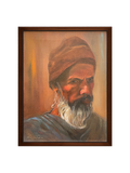 Framed oil portrait of an elderly man with a turban and white beard on a white background