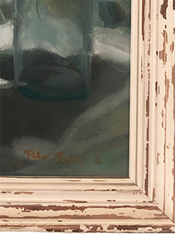 Close-up of a painting with a glass jar and signature on a textured frame.