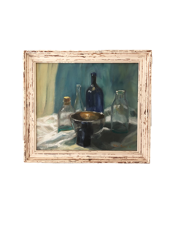 Framed still life painting with bottles and a bowl on a white background