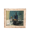 Framed still life painting with bottles and a bowl on a white background